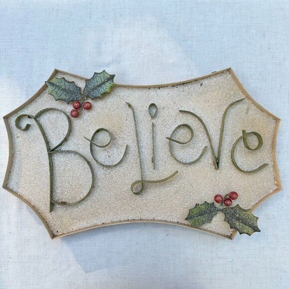 Round Top Collection Believe Rustic Metal Sign Holly Berries Christmas Farmhouse - Picture 3 of 12